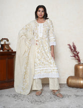 Flax yellow cotton printed suit with Lace work
